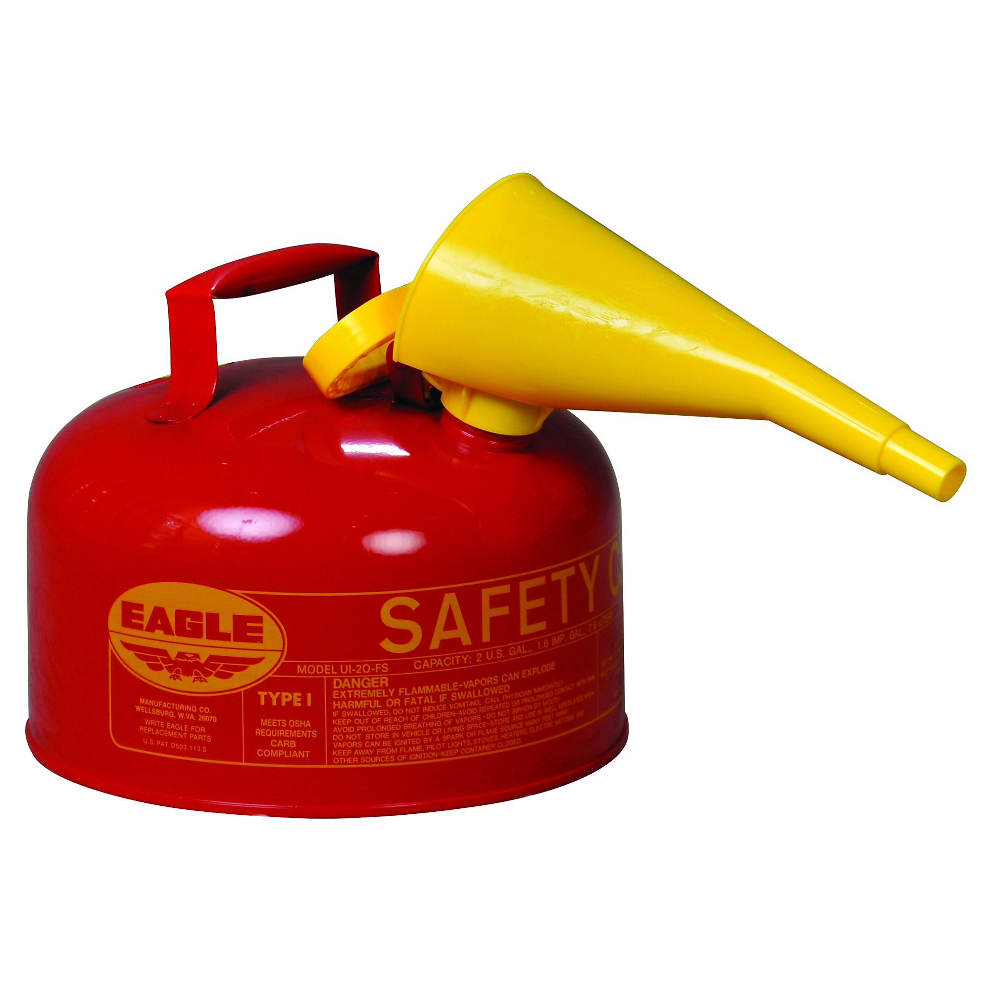 Eagle Type I Steel Safety Can for Flammables — 2 Gallon, Flame Arrester, Red, Model# UI20FS